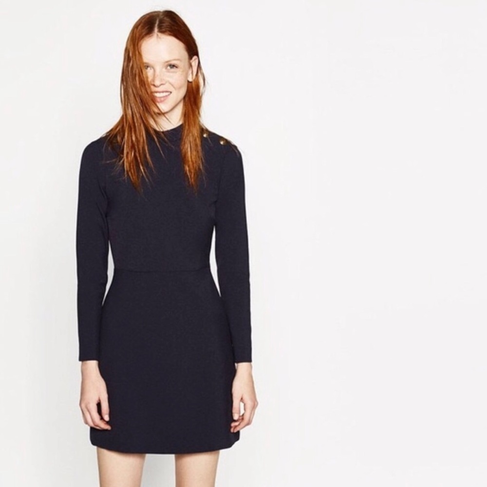 Zara Navy Blue A-Line Dress Military Buttons